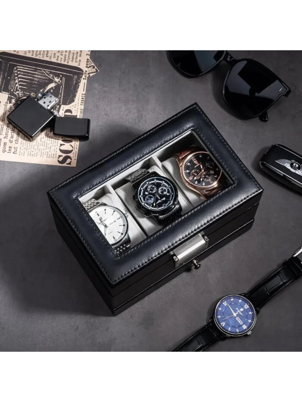 Elegant 3-Slot Watch Display Case with Drawer - Stylish Black Storage Box